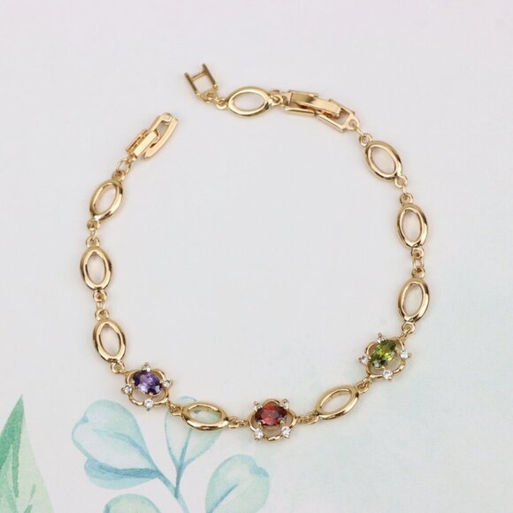 "Elegant Multicolor Oval Link Rose Gold Bracelet with Gemstones, XPBL1019 - Picture 4 of 11